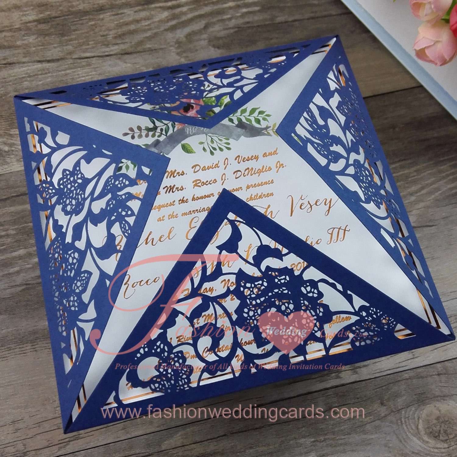 Cheap Navy Blue and White Laser Cut Wedding Invitations